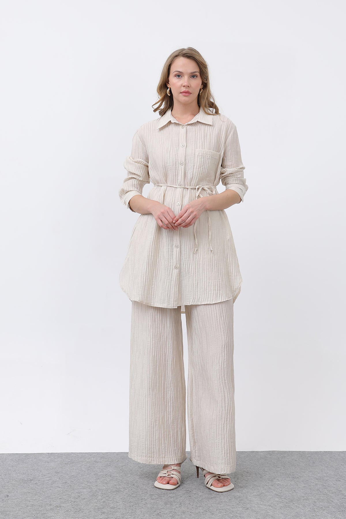 Kadın Beli Kuşaklı Pantolonlu Takım - 14336TKS - STONE