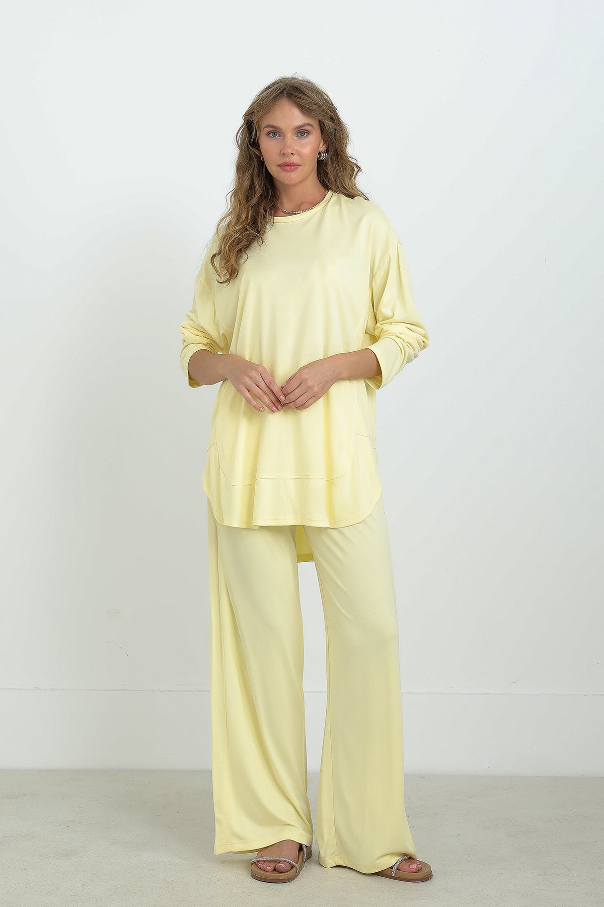 Kadın Önü Dikiş Detaylı Pantolonlu Takım - 14344TKS - YELLOW
