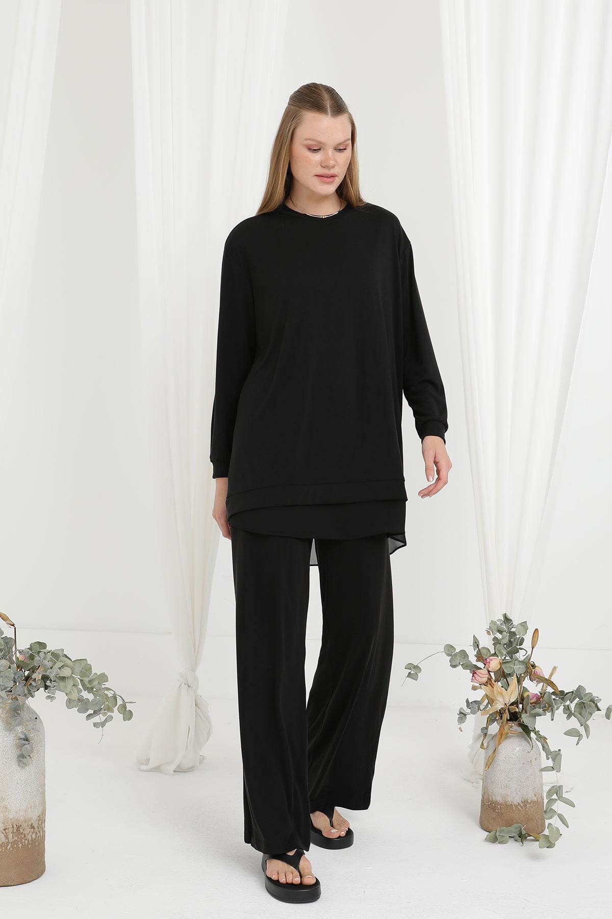 Kadın Şifon Geçişli Pantolon Takım -14352TKS - BLACK