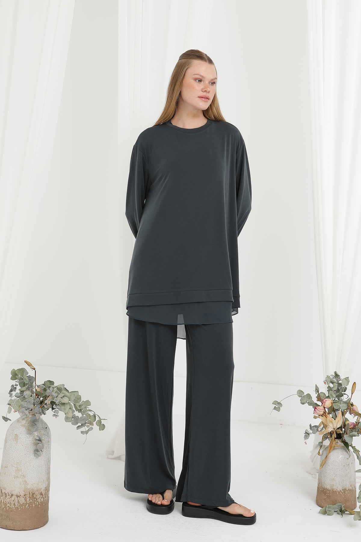 Kadın Şifon Geçişli Pantolon Takım -14352TKS - DARK ANTHRACITE