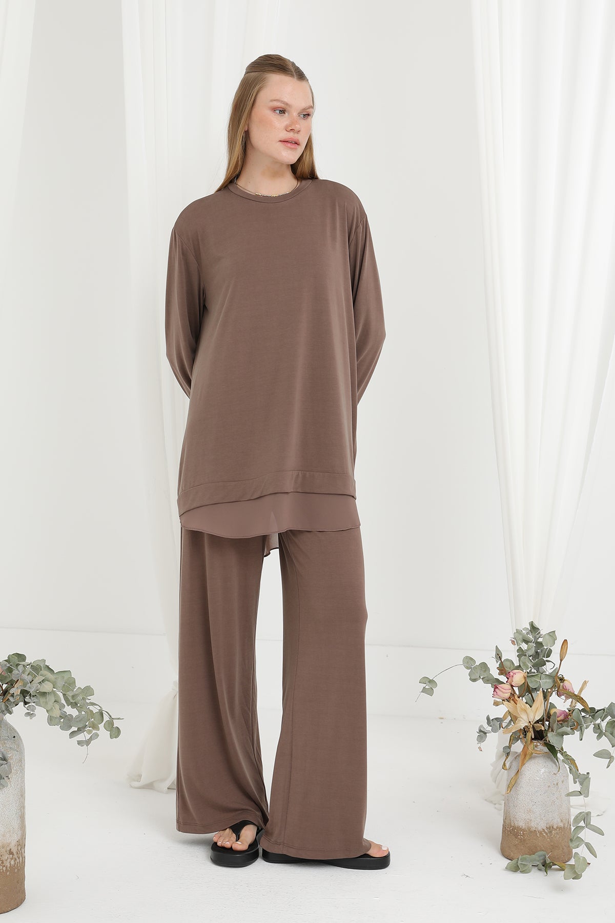 Kadın Şifon Geçişli Pantolon Takım -14352TKS - BROWN