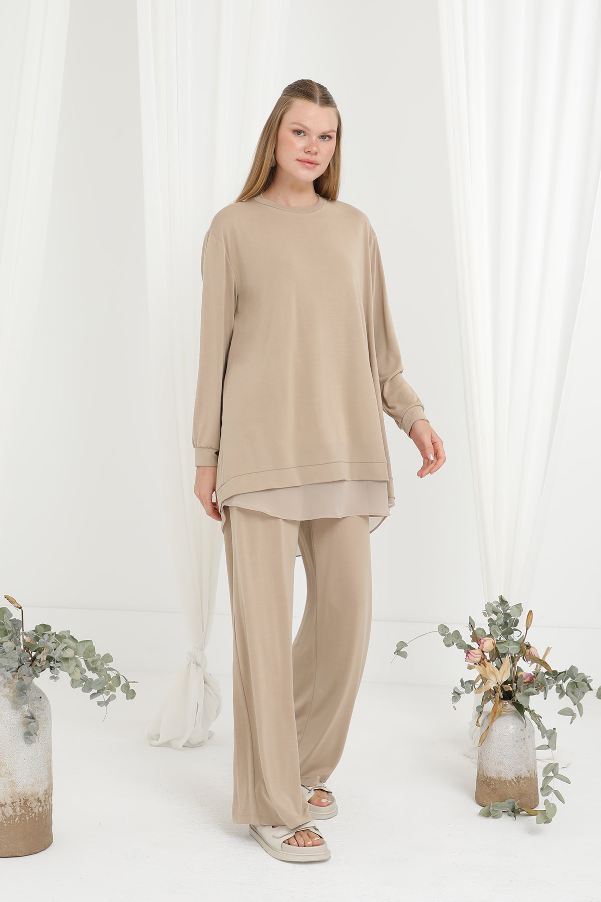 Kadın Şifon Geçişli Pantolon Takım -14352TKS - BEIGE