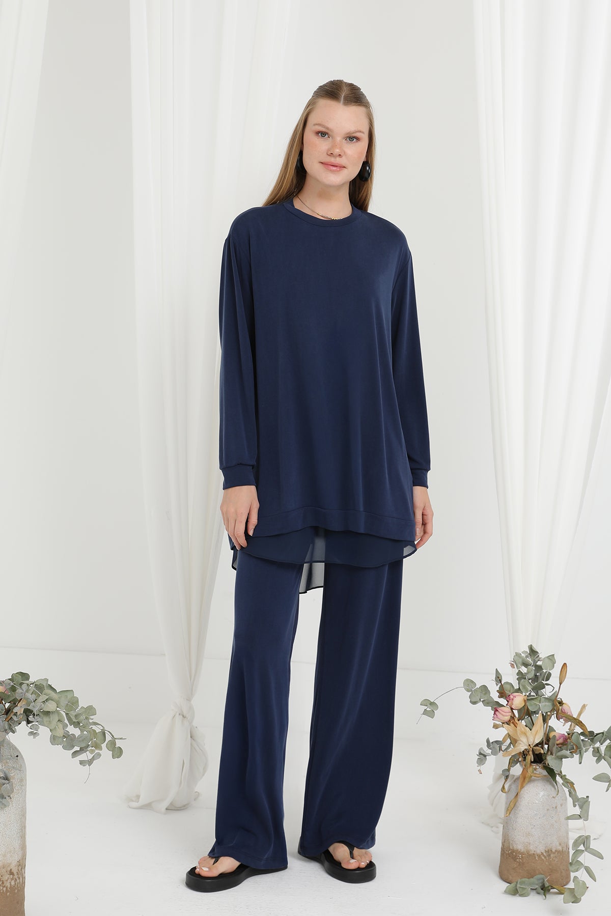 Kadın Şifon Geçişli Pantolon Takım -14352TKS - NAVY
