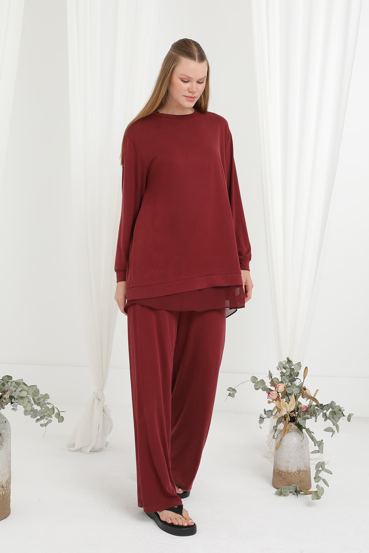 Kadın Şifon Geçişli Pantolon Takım -14352TKS - BURGUNDY