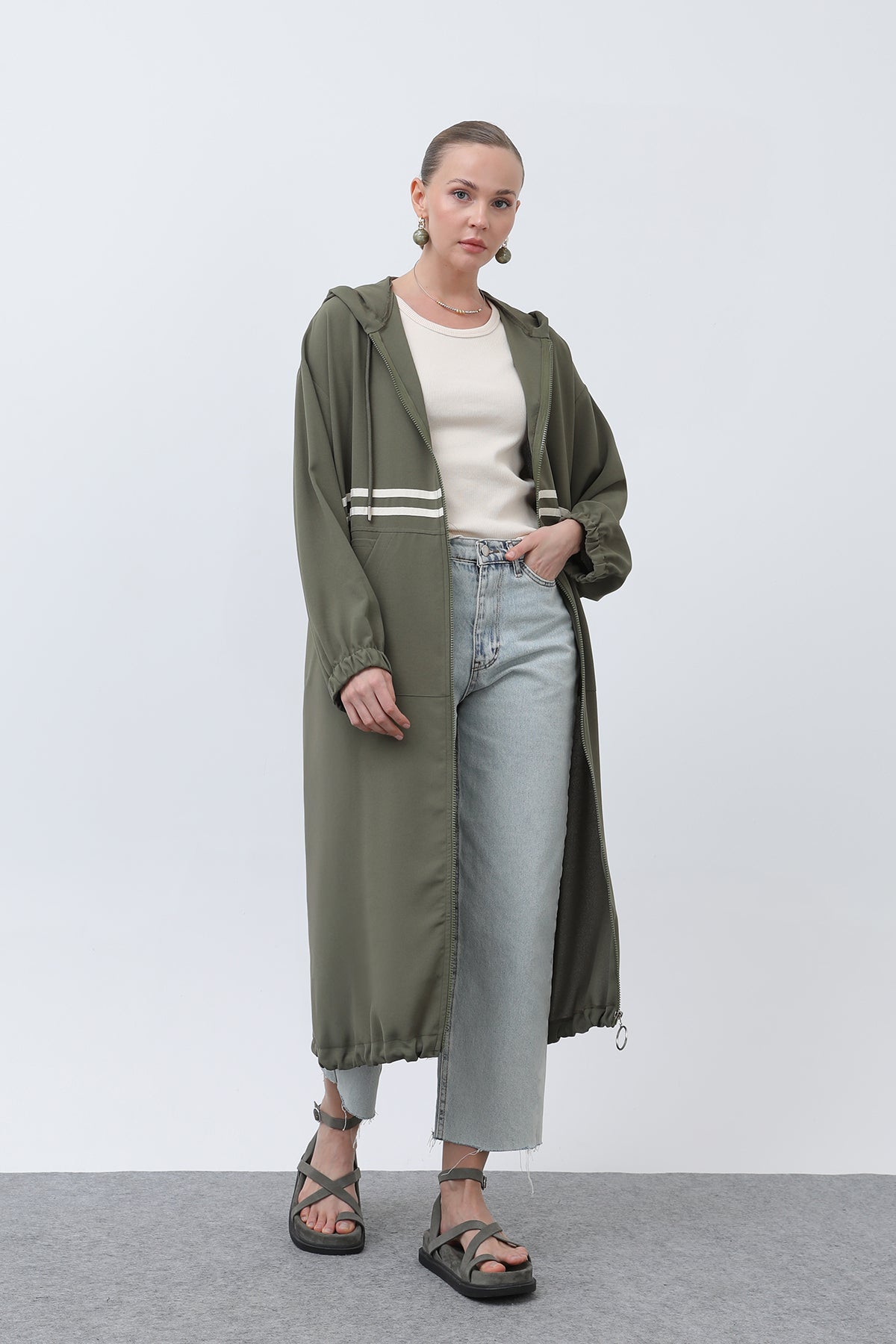 Kadın Önü Şeritli Fermuar Detaylı Kap - 15199HRK - KHAKI
