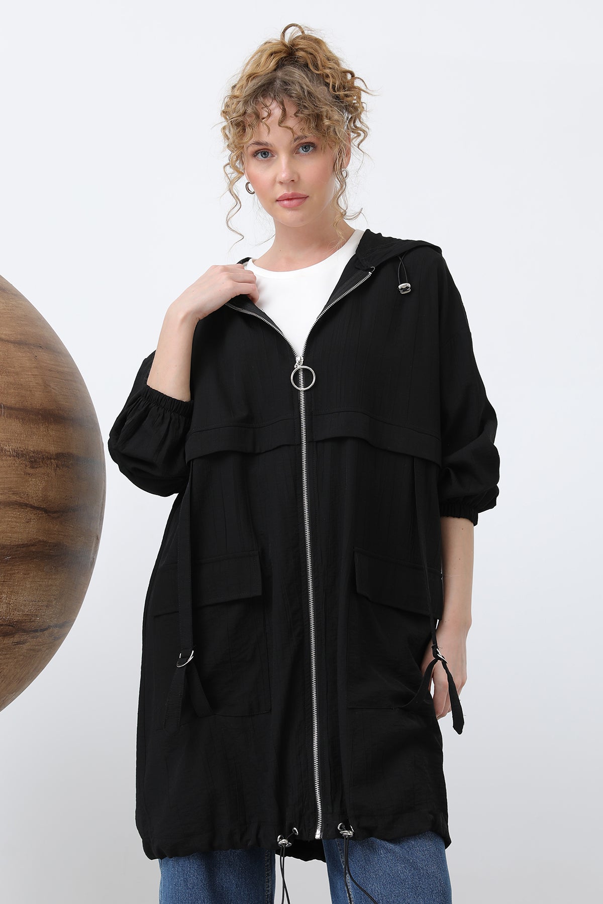 Kadın Fermuar Ve Cep Detaylı Kapüşonlu Tunik - 15203TUN - BLACK