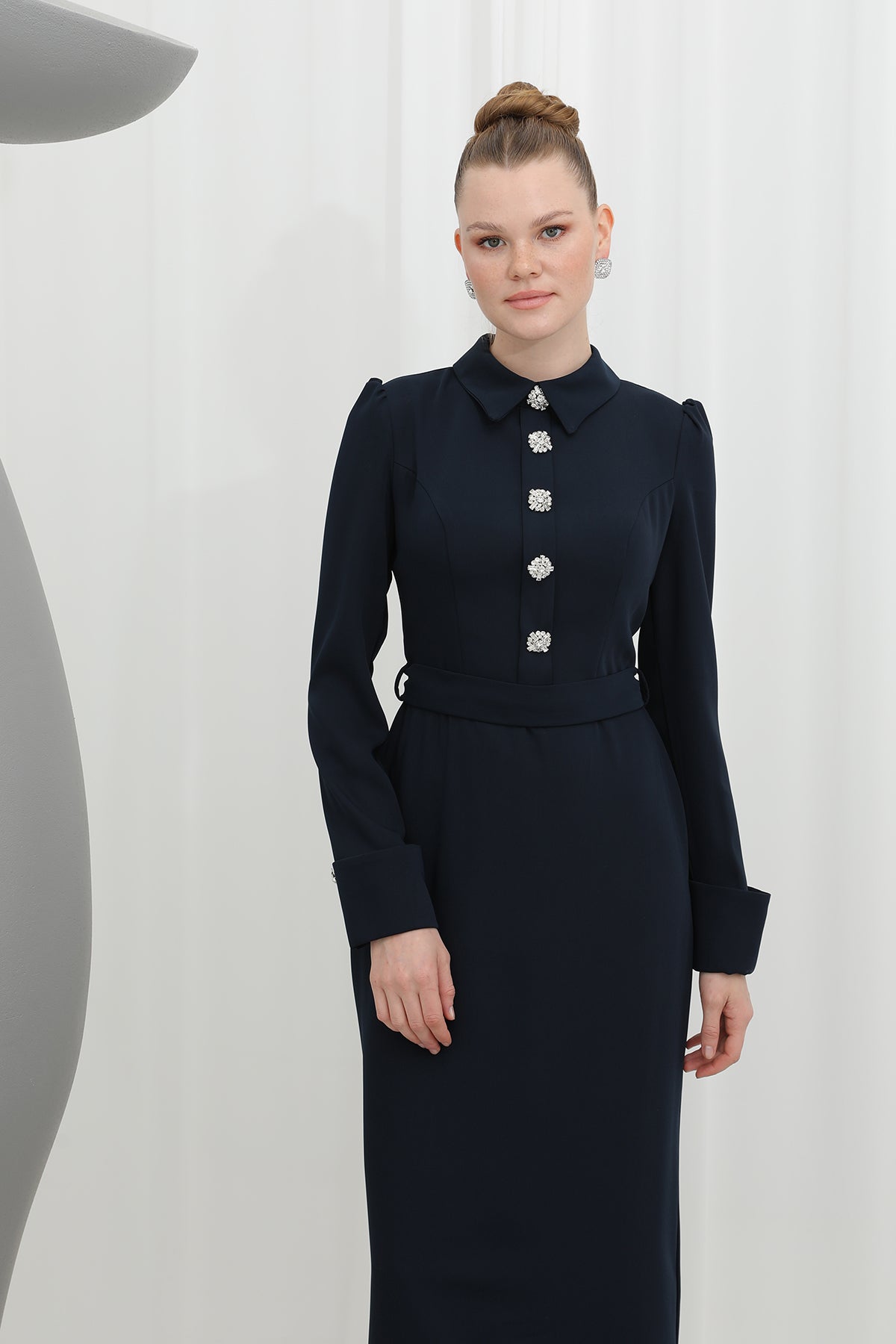 Kadın Zamansız Elegans Taş Detaylı Mono Abiye -17009 - NAVY