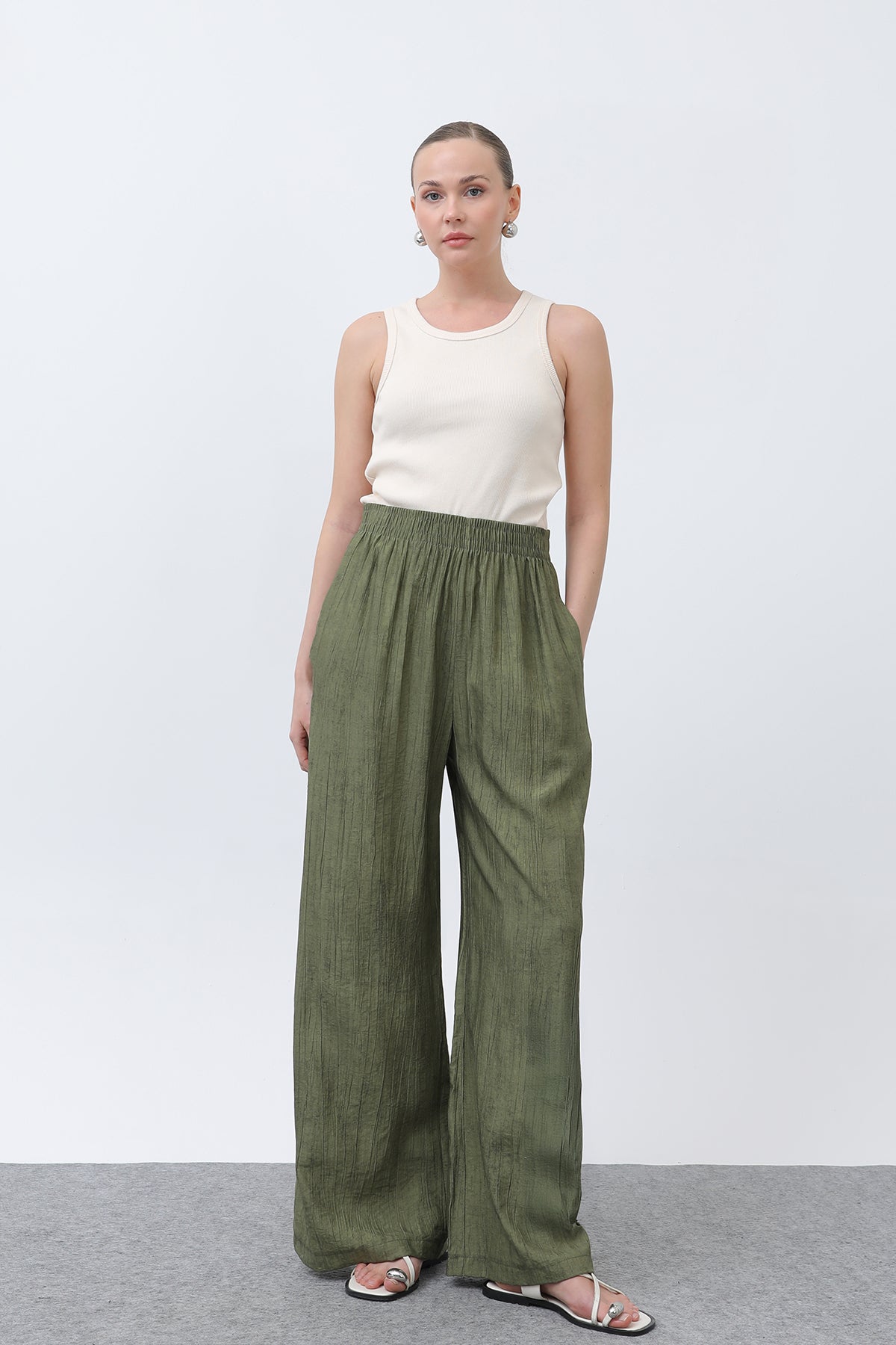 Kadın Beli Lastikli Bol Pantolon - 18238PNT - KHAKI
