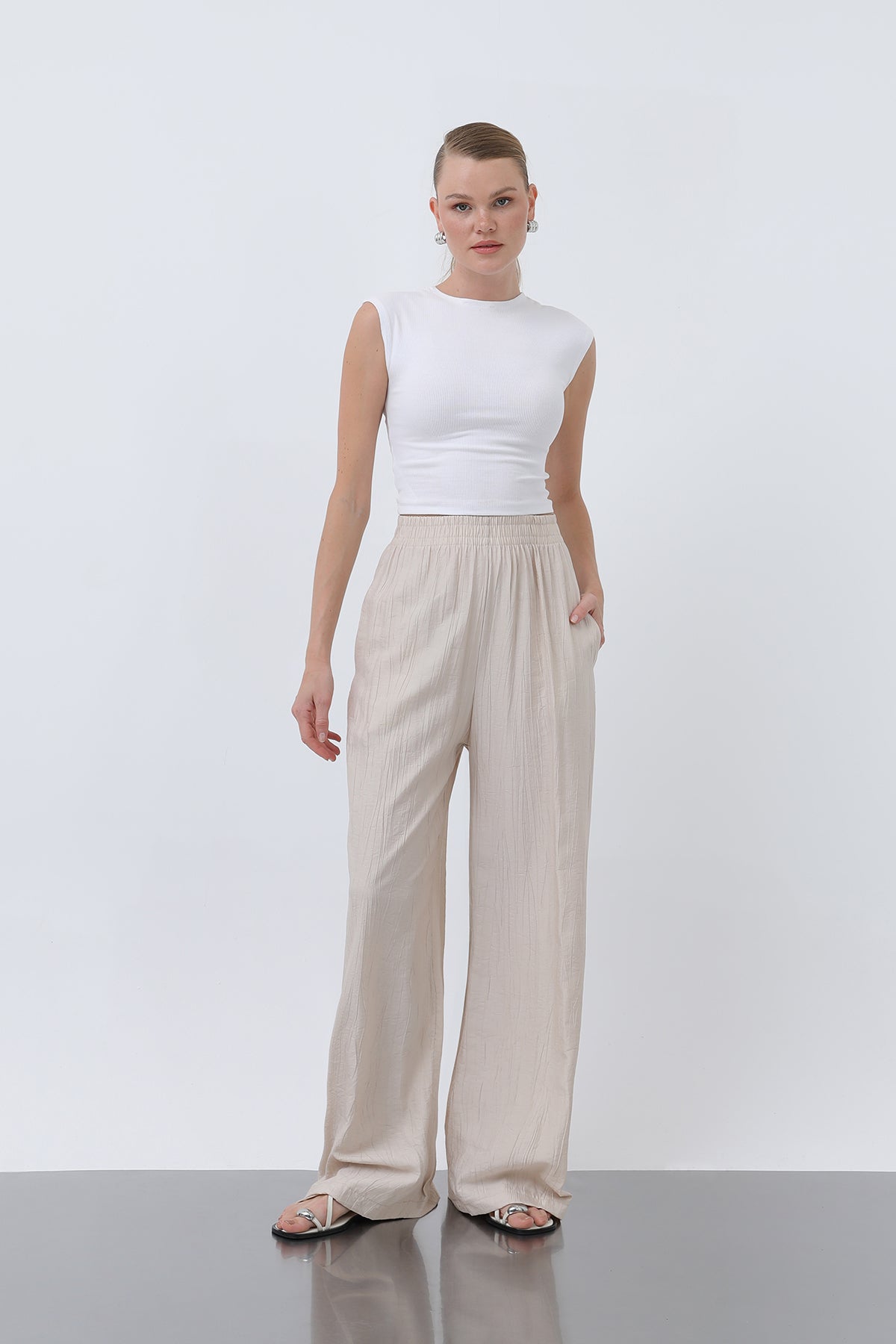 Kadın Beli Lastikli Bol Pantolon - 18239PNT - BEIGE