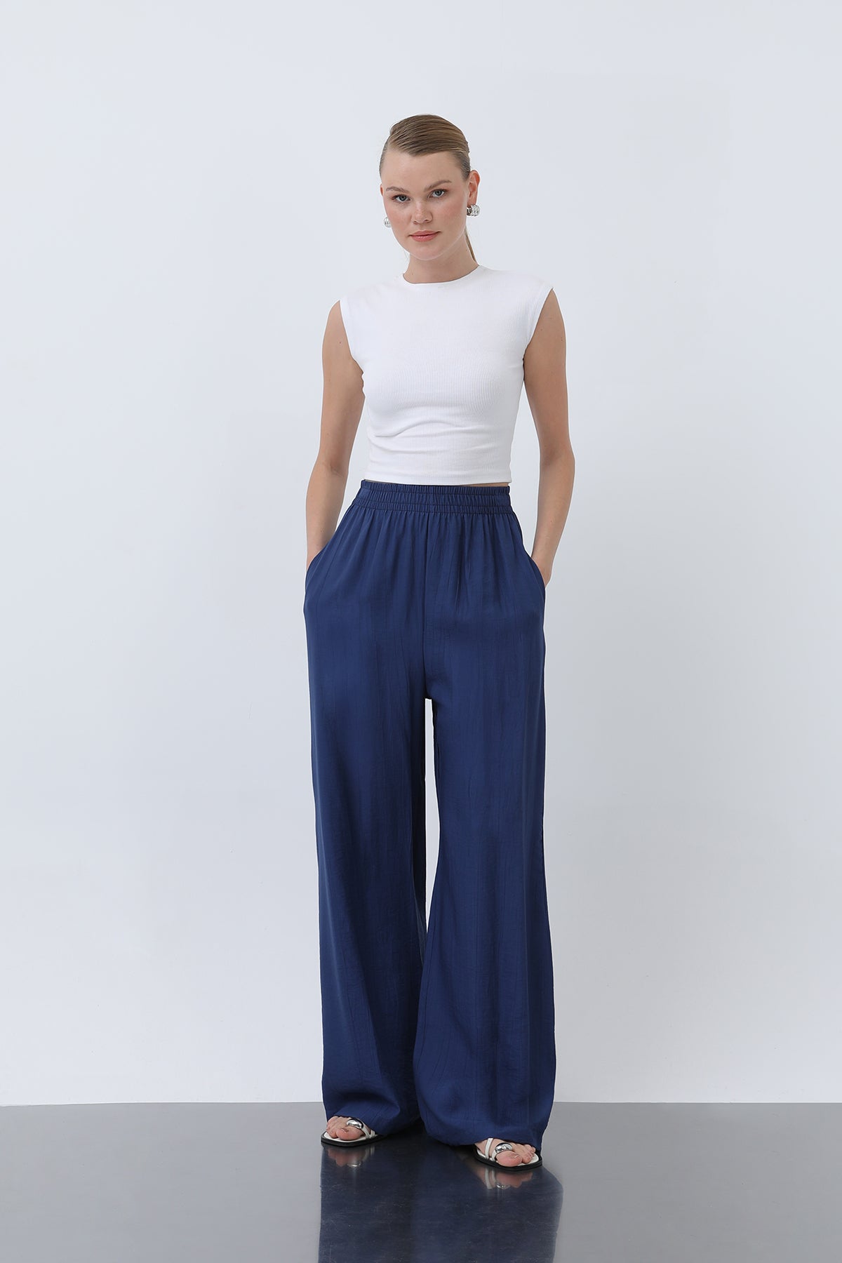 Kadın Beli Lastikli Bol Pantolon - 18239PNT - INDIGO