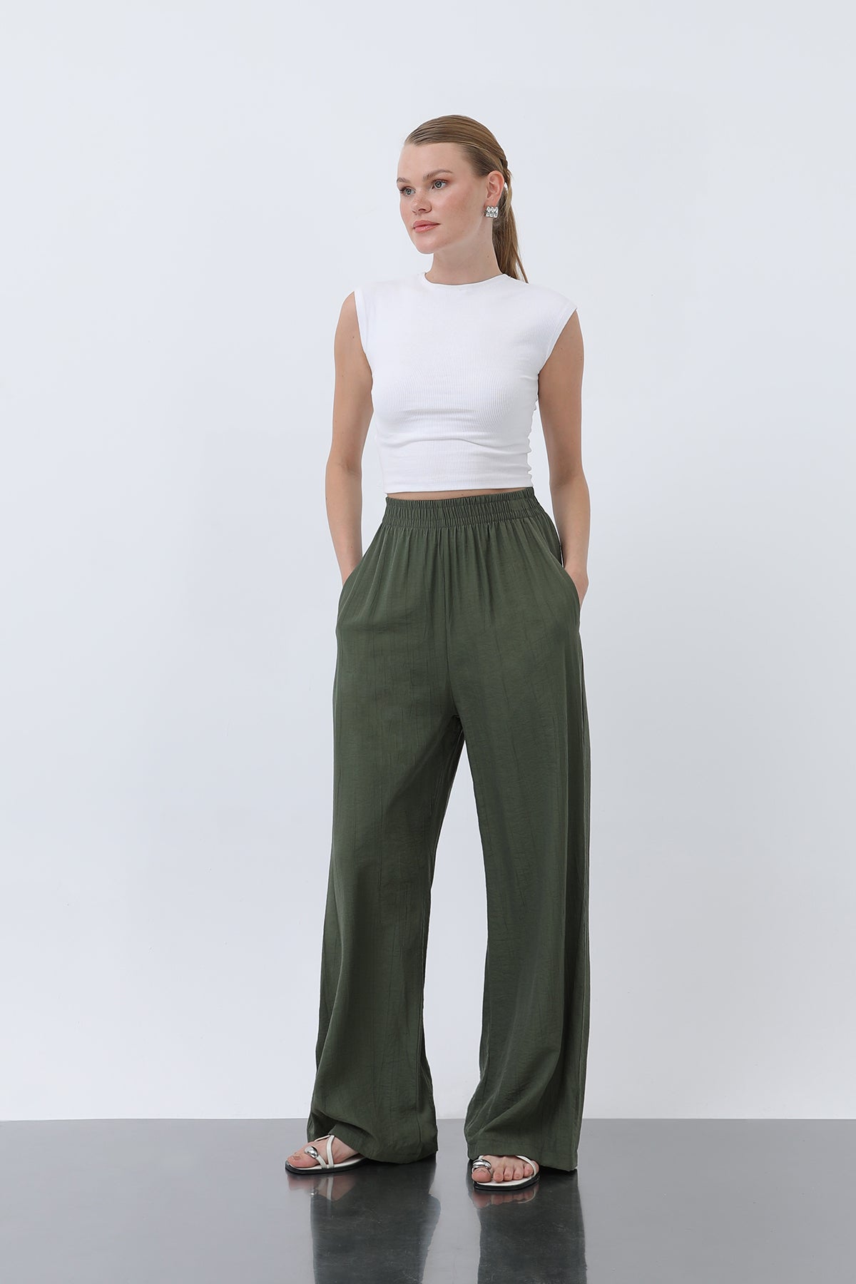 Kadın Beli Lastikli Bol Pantolon - 18239PNT - KHAKI