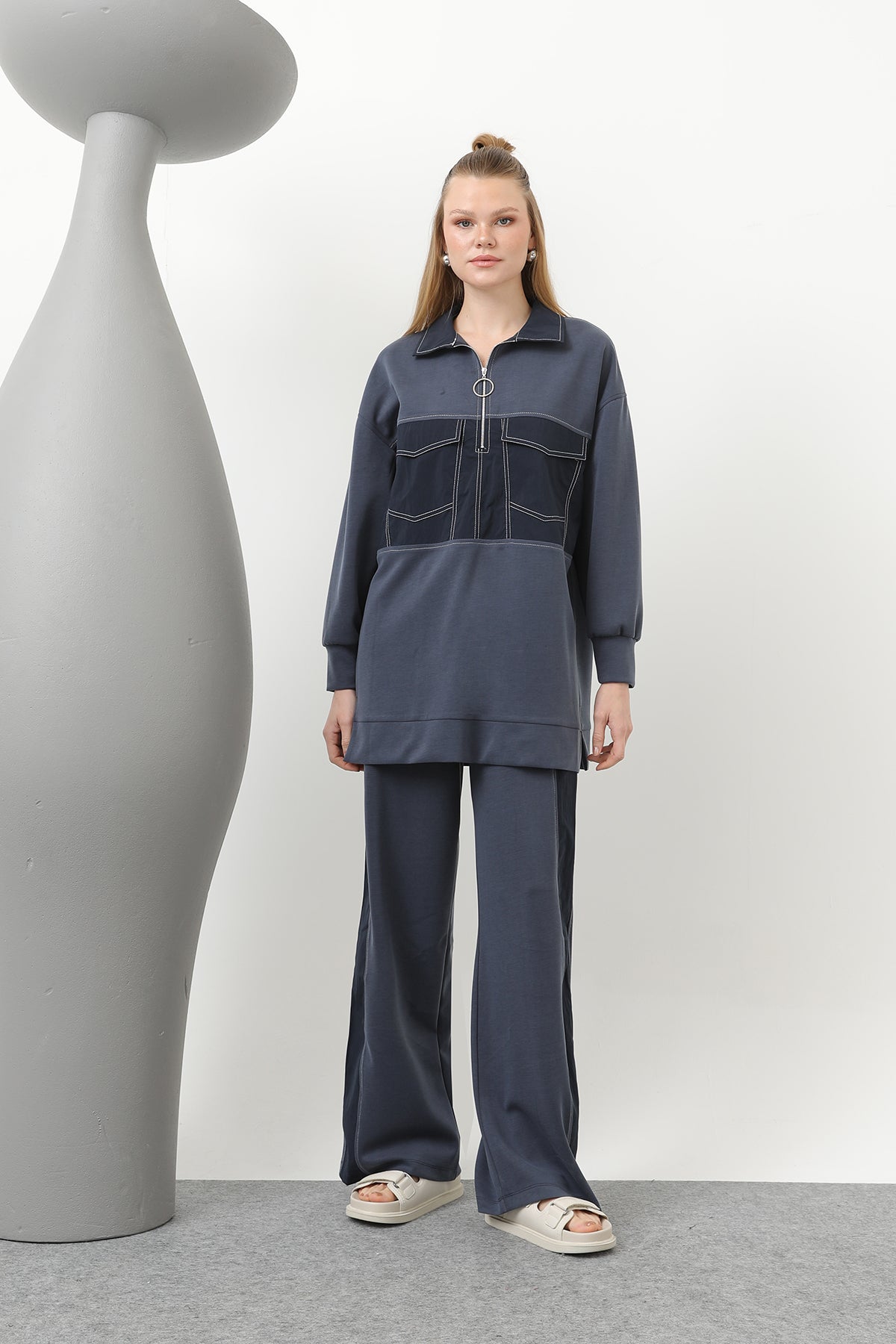Kadın Dikiş Detaylı Cepli Takım - 20602TKS - INDIGO-NAVY