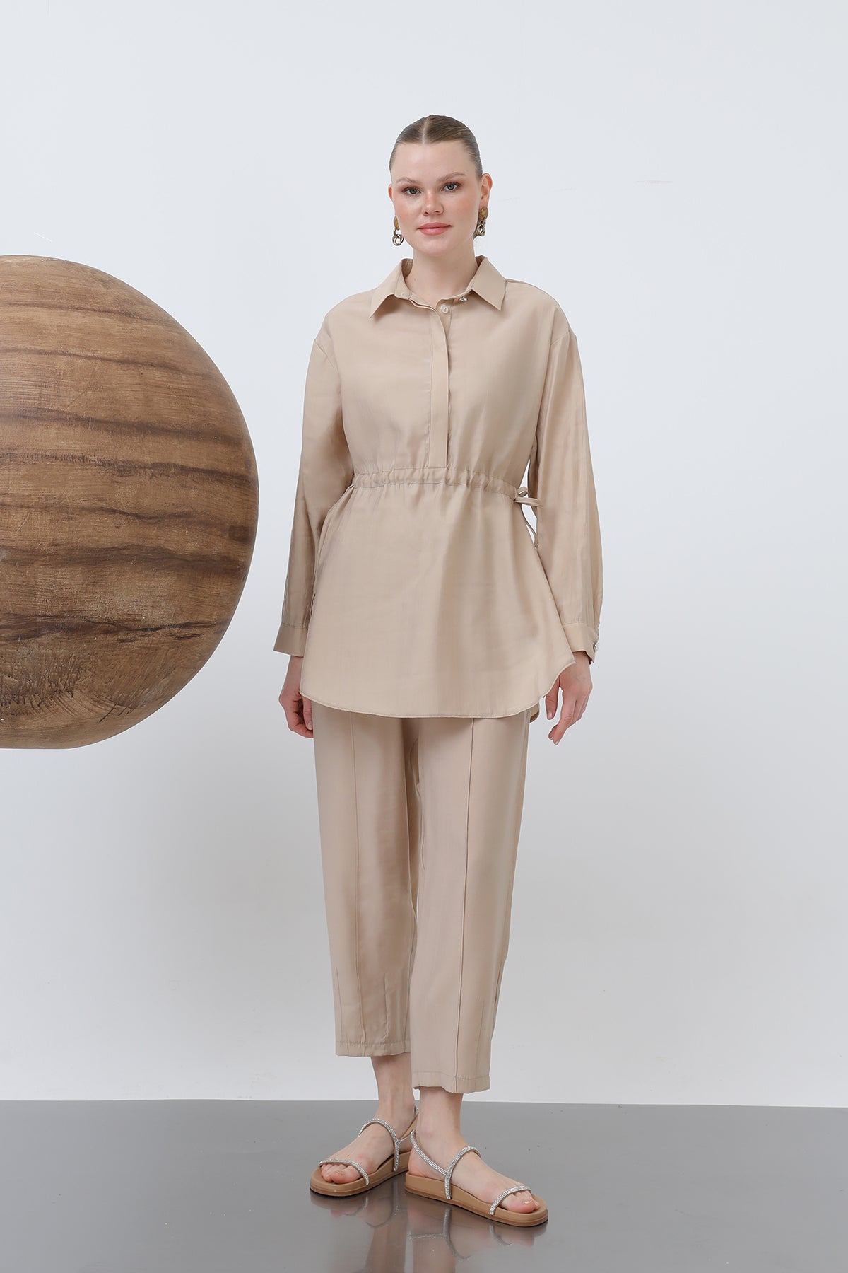 Kadın Beli Büzgülü Gizli Patlı Pantolonlu Takım - 20610TKS - BEIGE