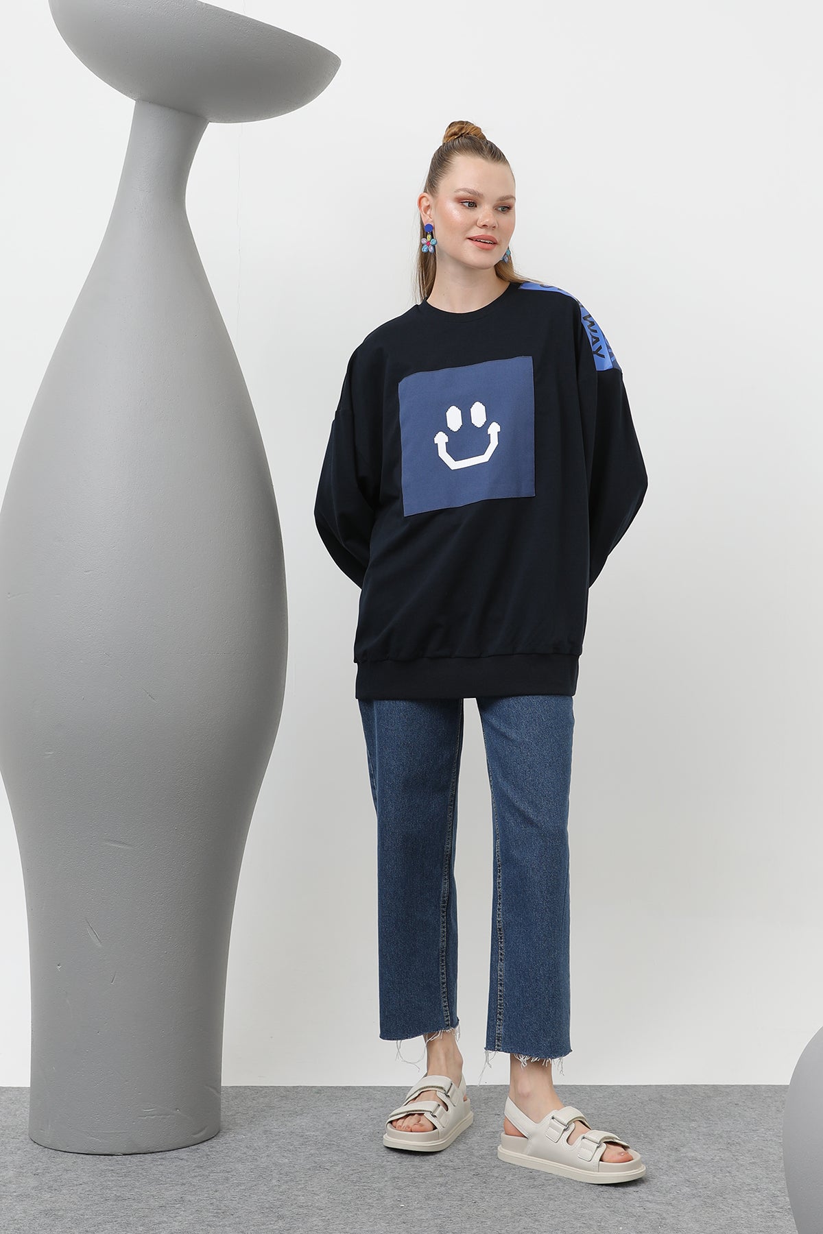 Kadın Önü Gülücük Baskılı Ve Garnili Tunik - 20623TUN - NAVY-INDIGO