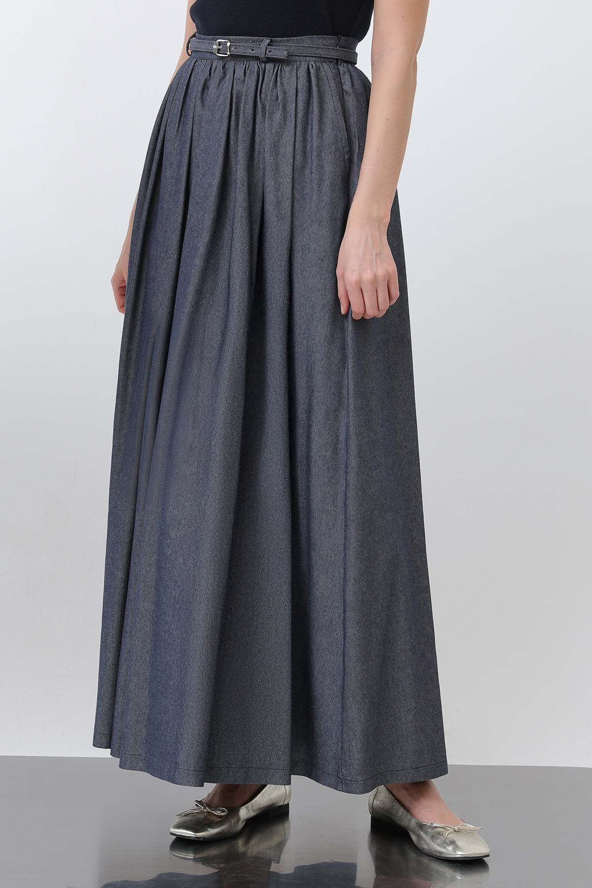 Kadın Belden Büzgülü Kemer Detaylı Denim Etek - 20649ETK - INDIGO