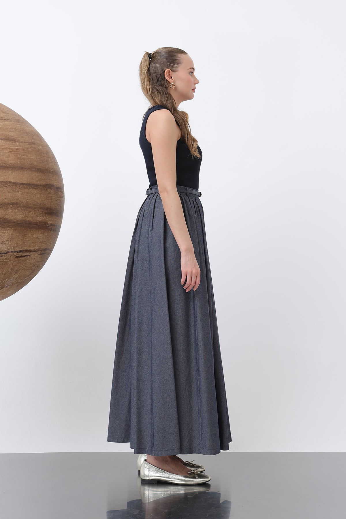 Women's Waist Gathered Belt Detailed Denim Skirt - 20649ETK