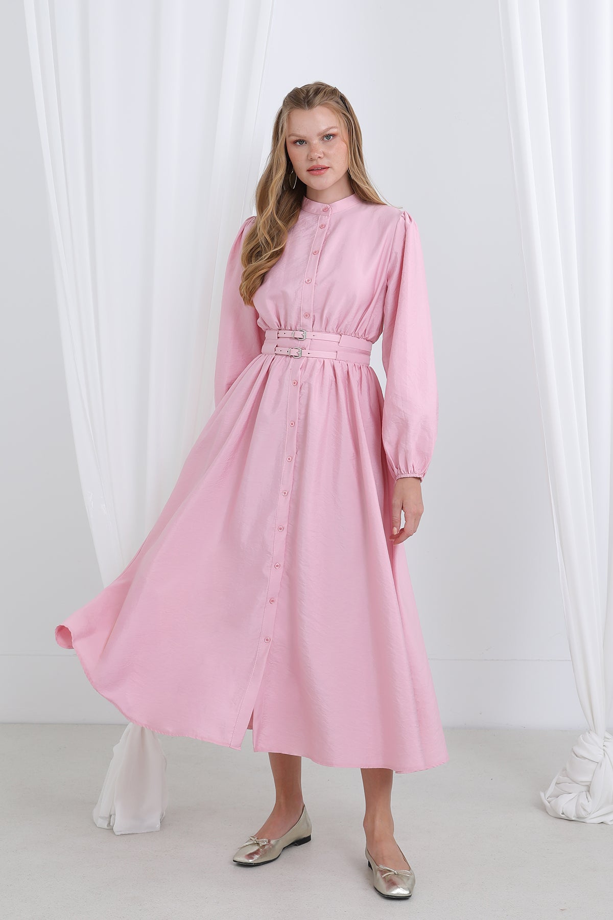 Kadın Çift Kemerli Hakim Yaka  Elbise - 20658ELB - PINK