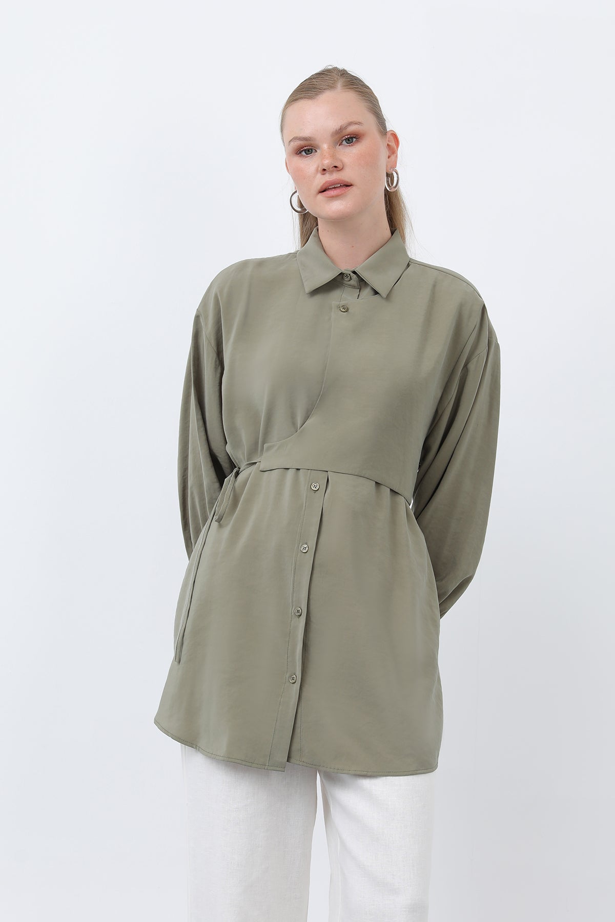 Kadın Yandan Bağlamalı Gömlek - 20662GML - ALMOND GREEN