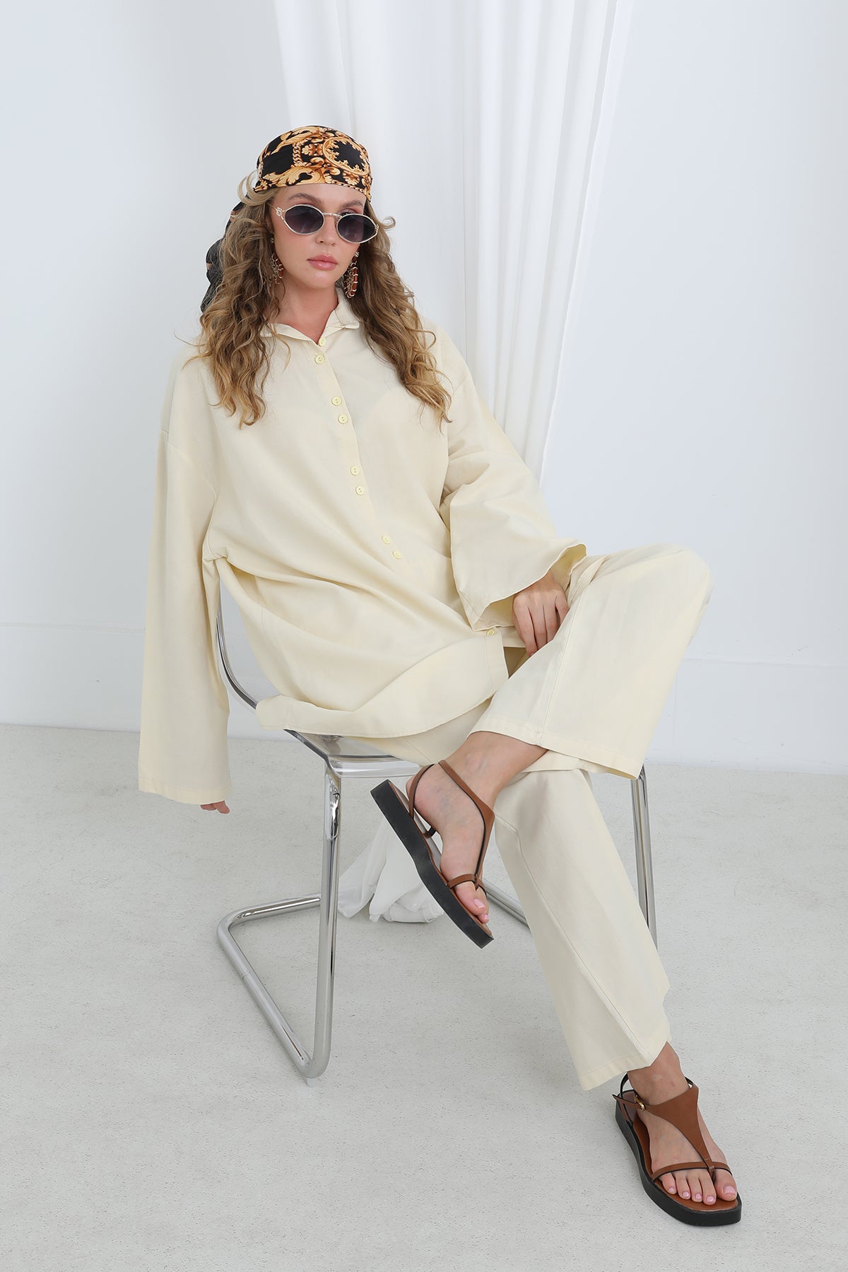 Kadın Düğme Detaylı Oversize Gömlekli Takım-20694TKS - BEIGE