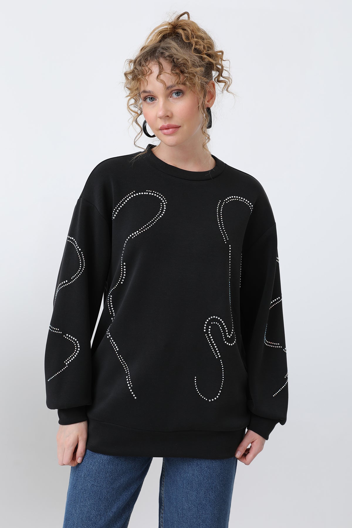 Kadın Taşlı Basic Sweat -32117SWT - BLACK