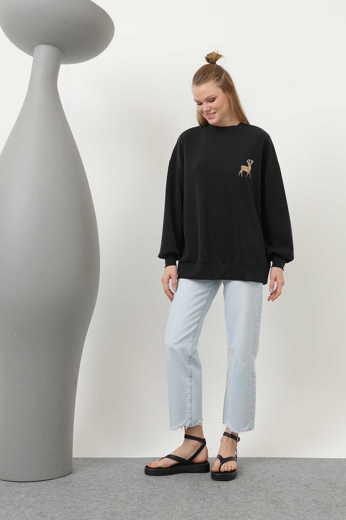 Kadın Arkası Geyikli Sweat - 32118SWT - BLACK