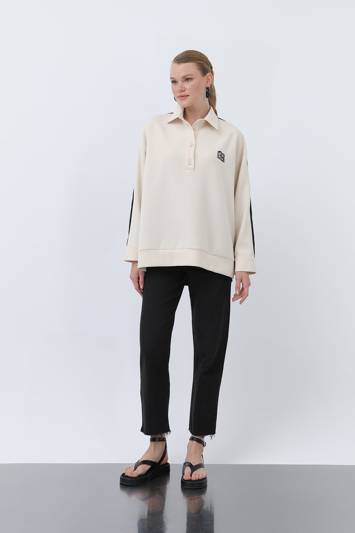 Kadın Önü Nakış Arkası Paraşüt Gömlek -32120GML - BLACK-BEIGE