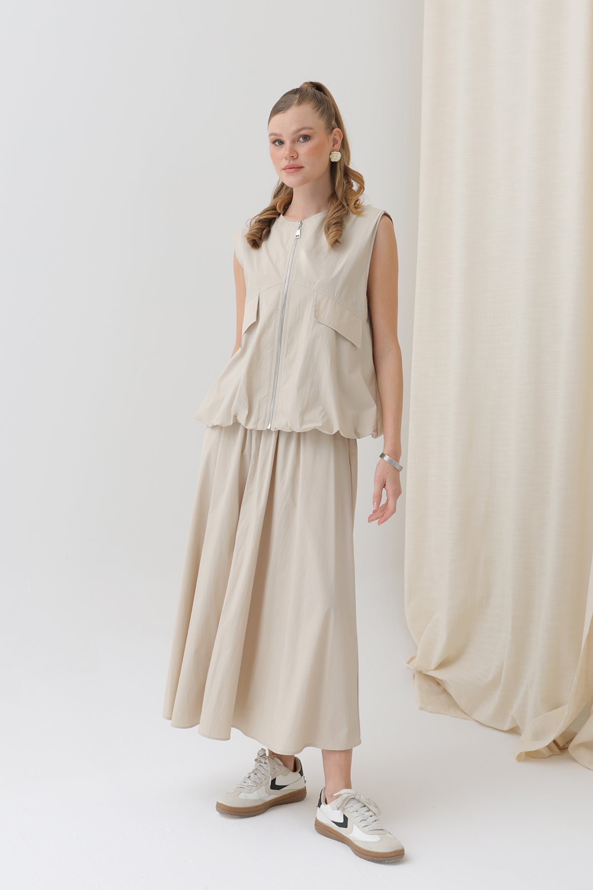 Kadın Oversize Fermuarlı Yelek - 32128YLK - BEIGE