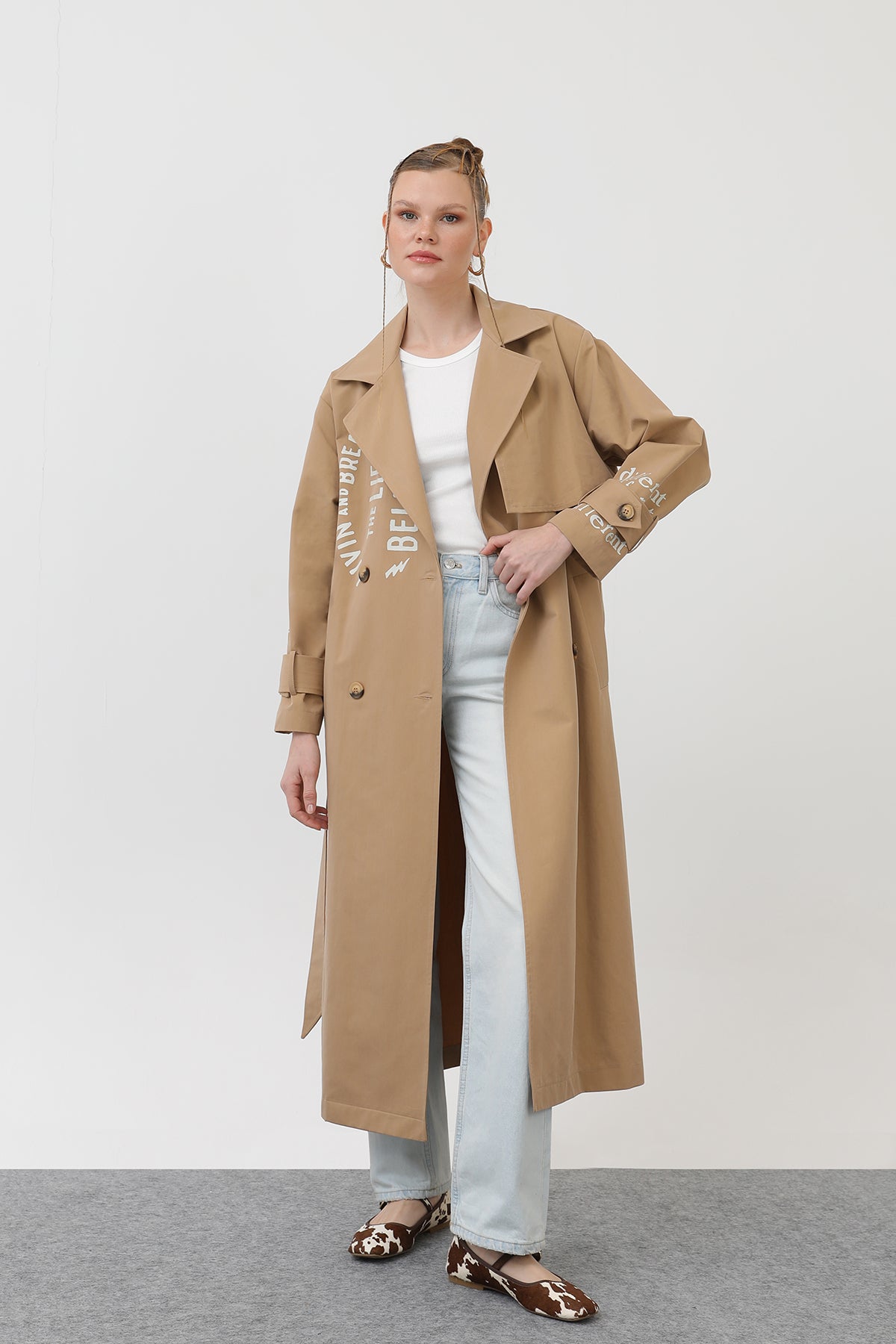 Kadın Baskılı Trench - 32139TRC - CAMEL