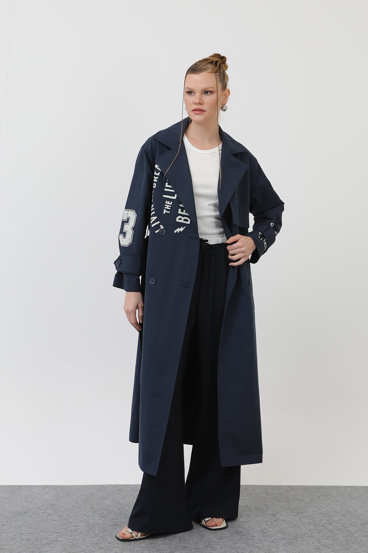 Kadın Baskılı Trench - 32139TRC - NAVY