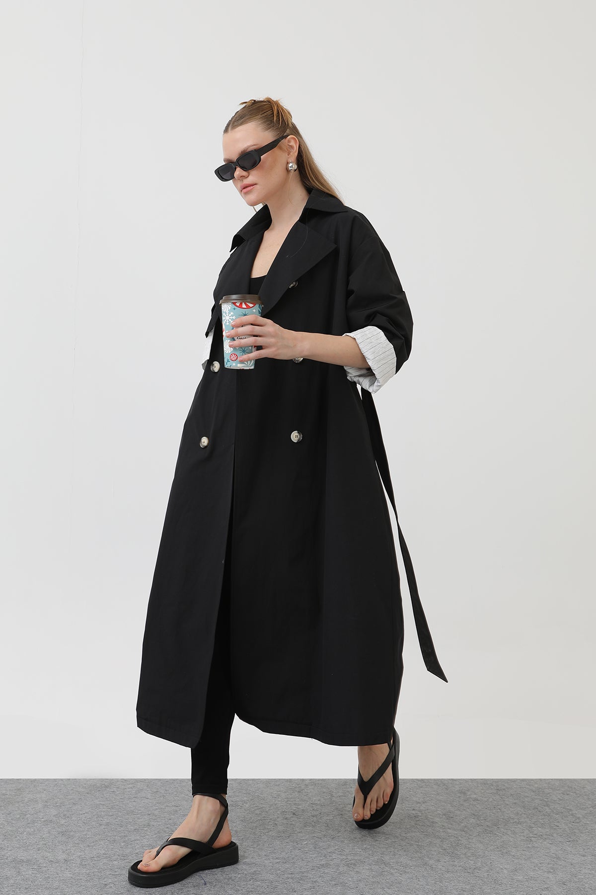 Kadın Garni Çizgili Detaylı Trench - 32141TRC - BLACK-ECRU