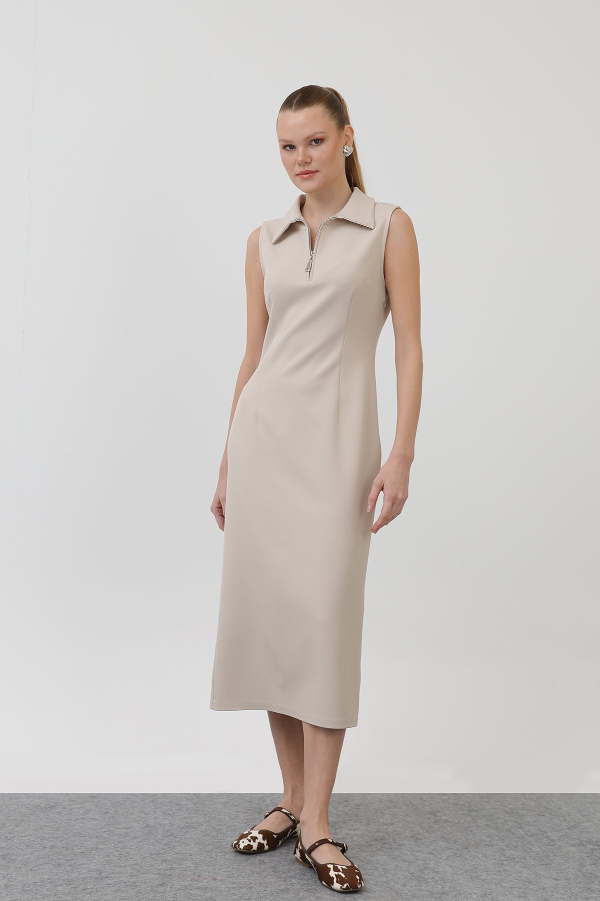 Kadın Fermuar Detaylı Midi Elbise - 32149ELB - BEIGE