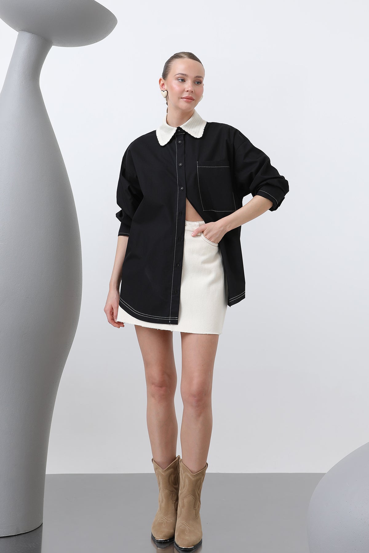 Kadın Yakası Örme Detaylı Gömlek - 32150GML - BLACK