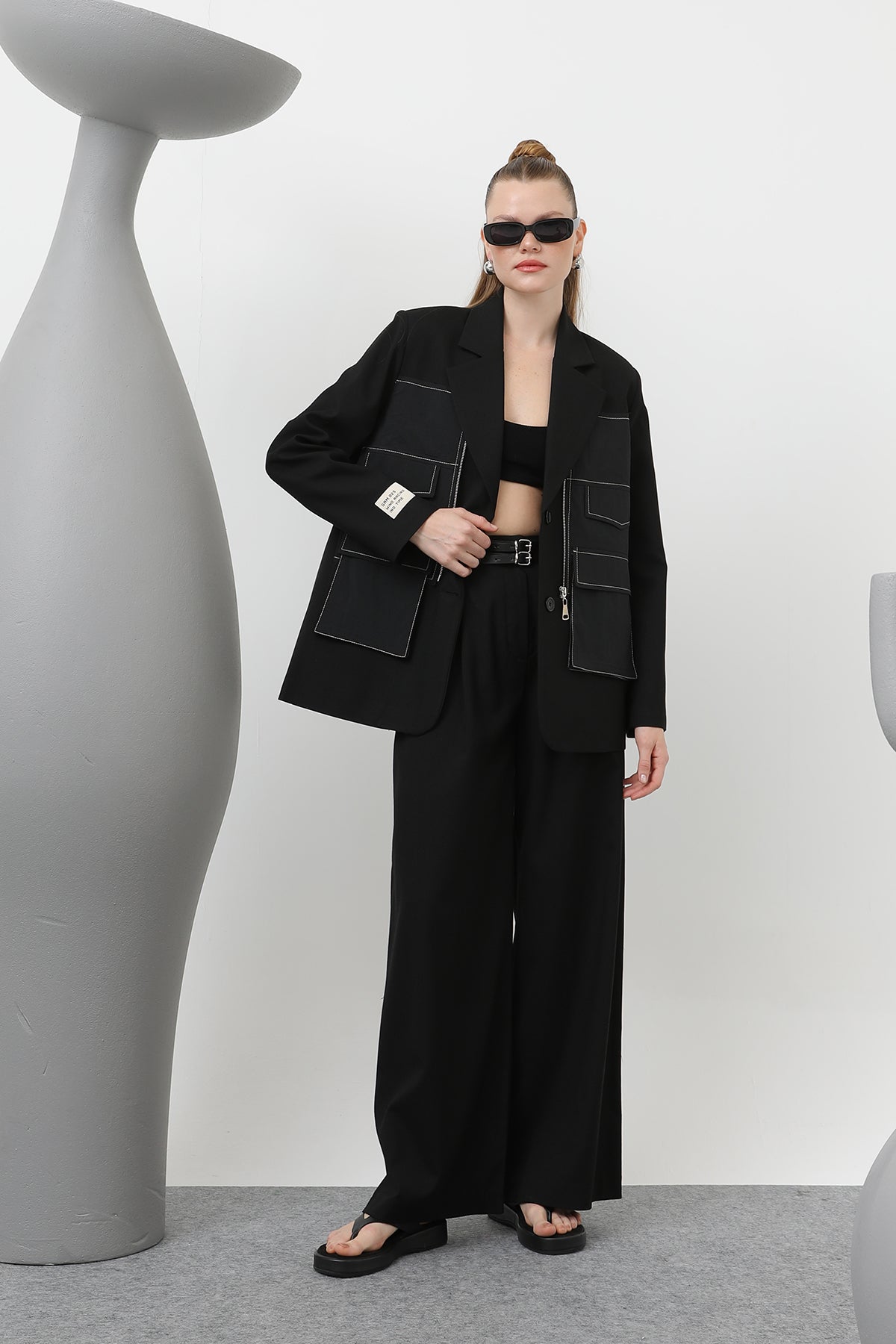 Kadın Cep Detaylı Blazer Ceket - 32151CKT - BLACK-BLACK