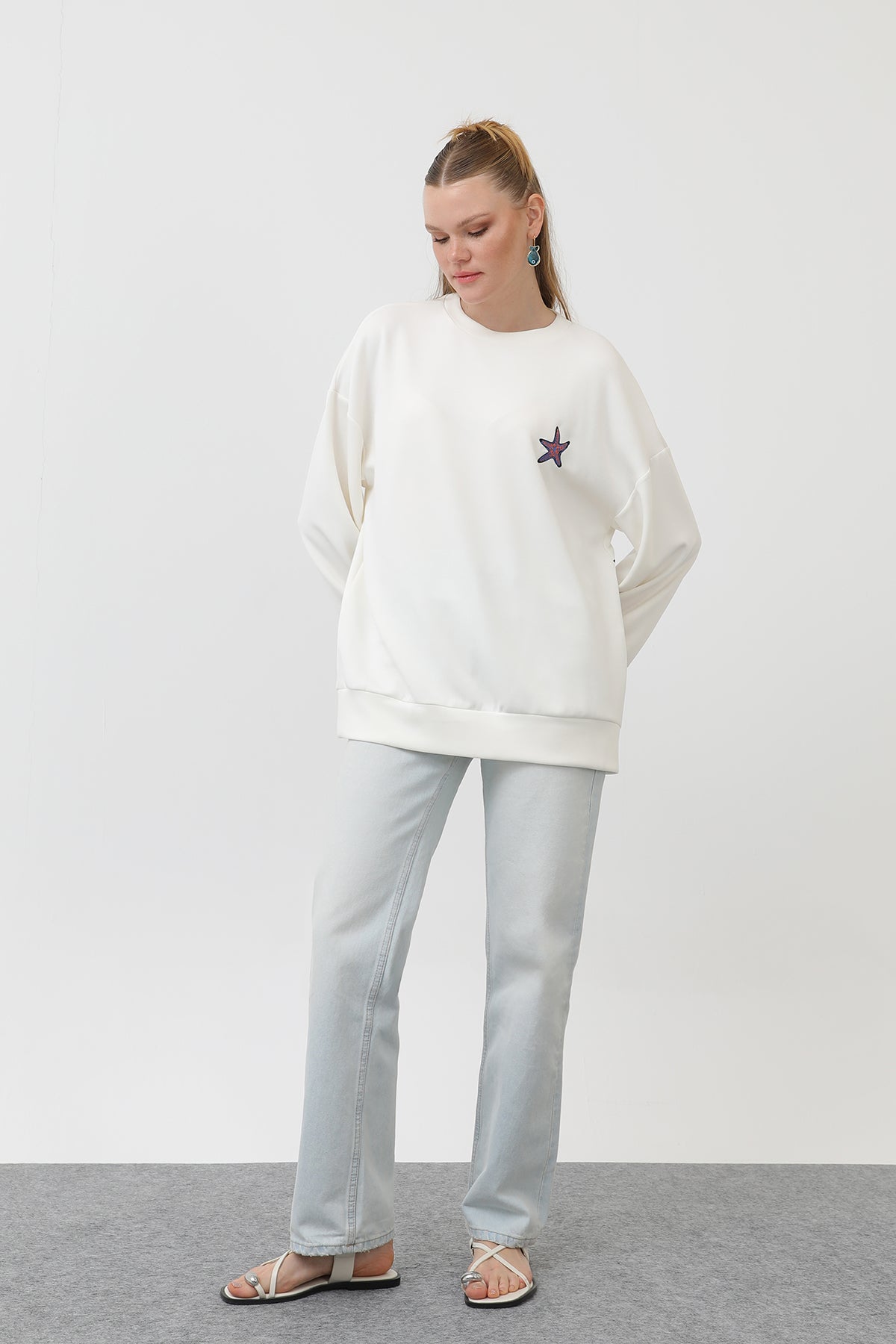 Kadın Balık Nakışlı Sweat - 32163SWT - ECRU