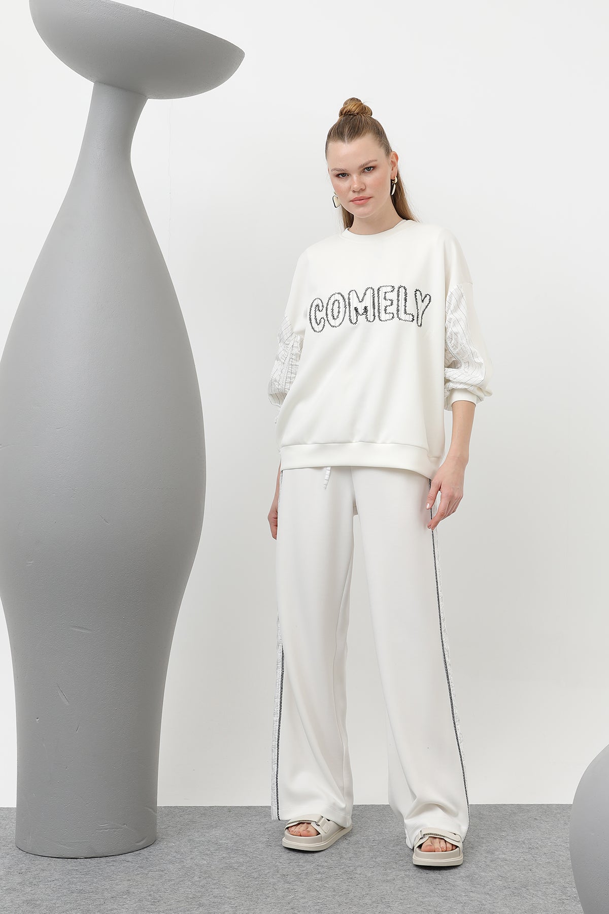 Kadın Comely Yazılı Sweat - 32166SWT - ECRU-ECRU