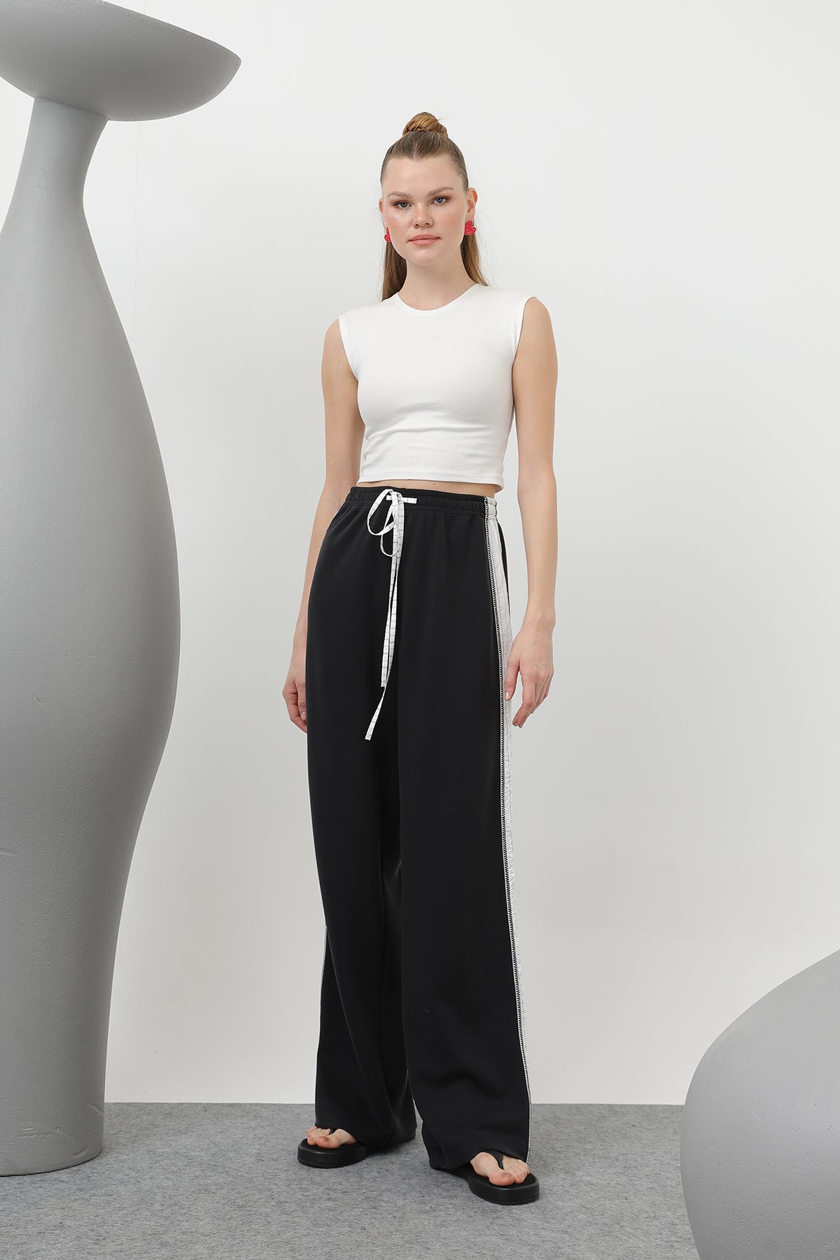Kadın Çizgi Garnili Pantolon - 32167PNT - BLACK-ECRU