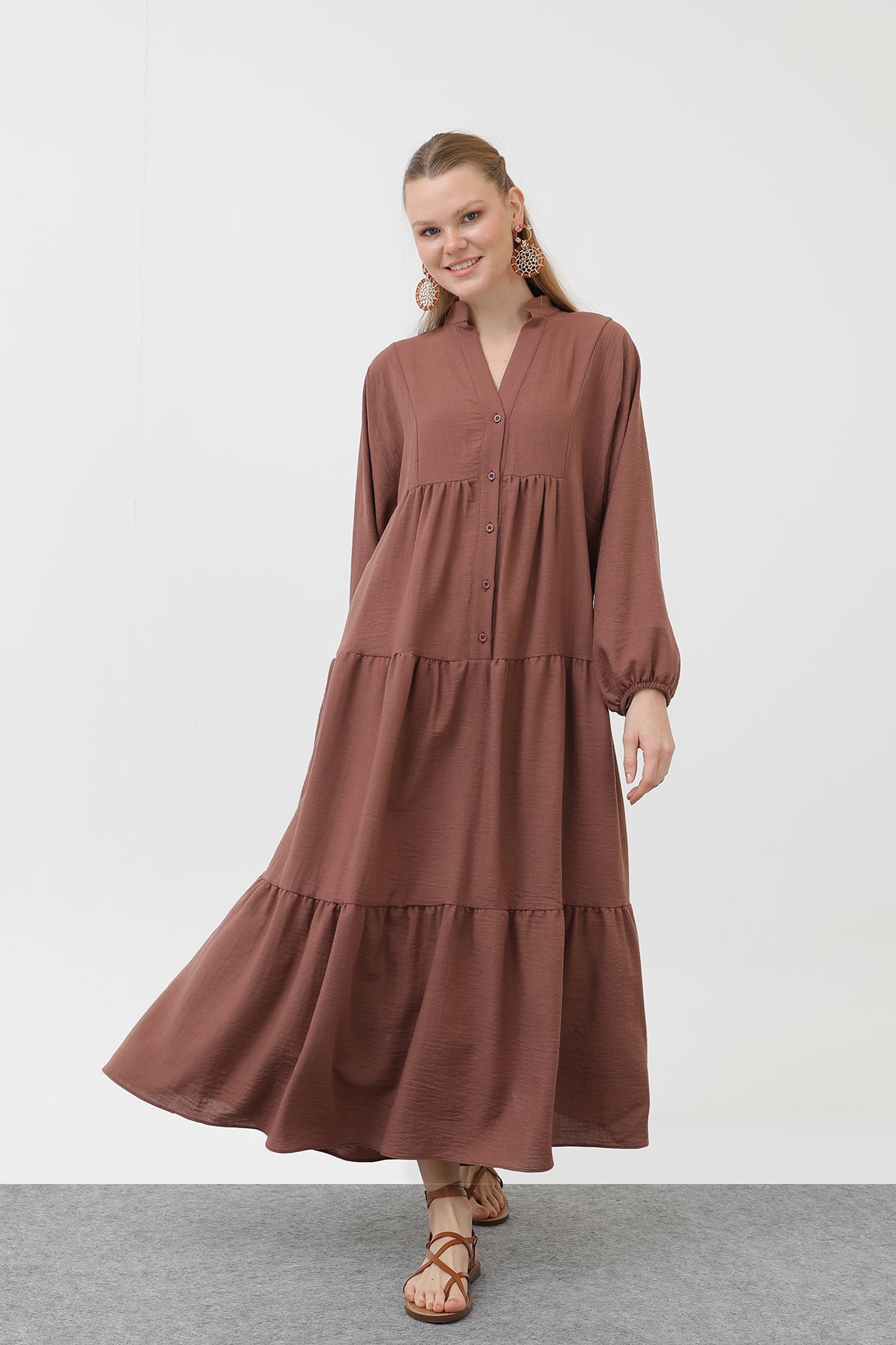 Kadın Keten Elbise - 32171ELB - LIGHT BROWN