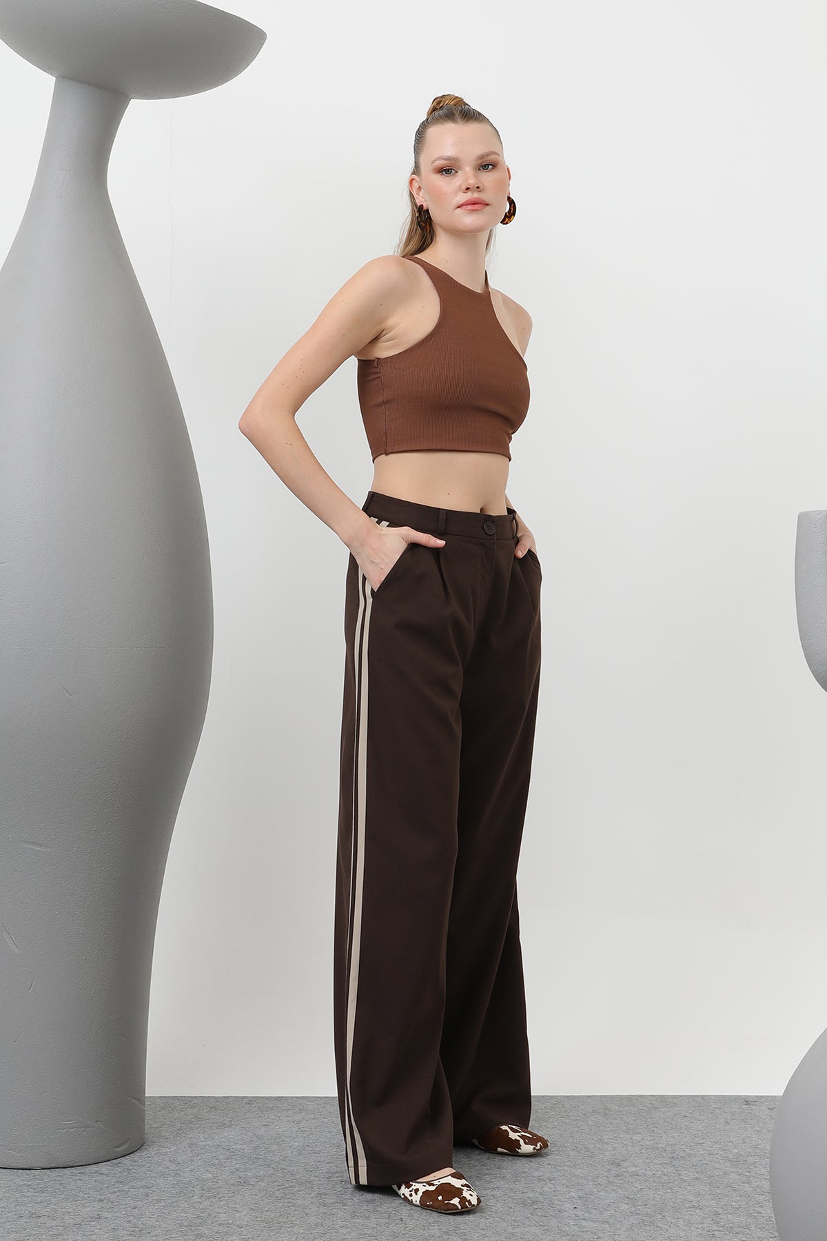 Kadın Garnili Pileli Pantolon - 32176PNT - BROWN-BEIGE