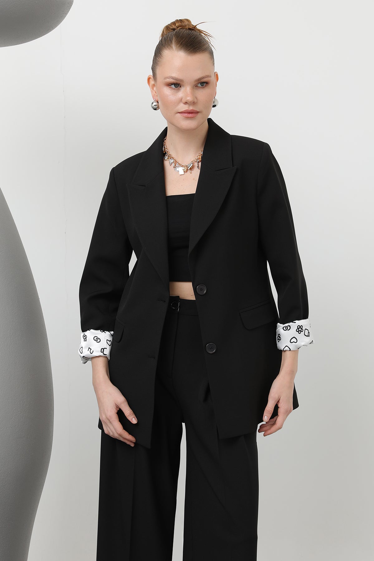 Kadın Desenli Astar Detaylı Blazer Ceket - 32185CKT - BLACK