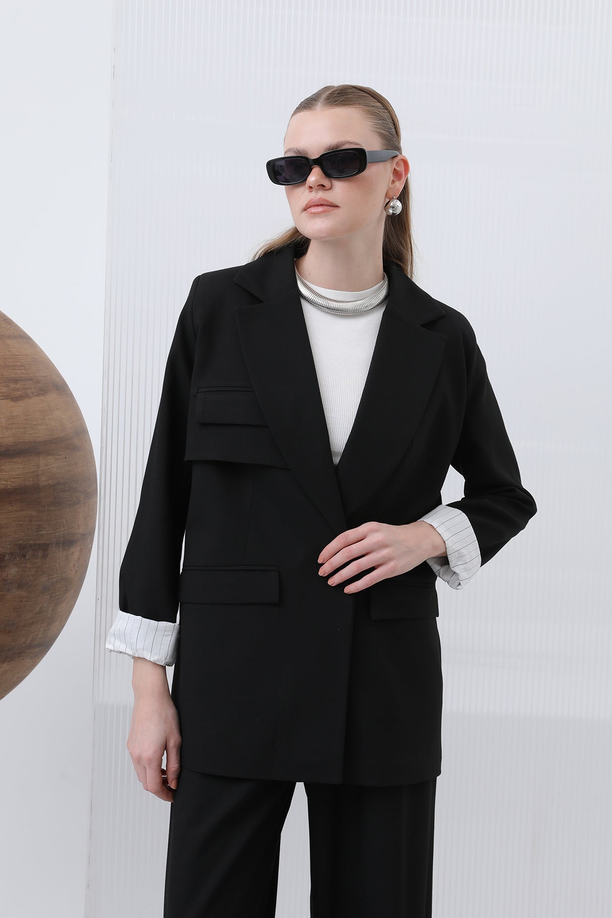 Kadın Cepli Çizgi Garnili Blazer Ceket - 32190CKT - BLACK-ECRU