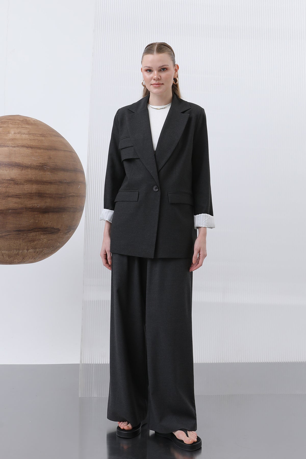 Kadın Cepli Çizgi Garnili Blazer Ceket - 32190CKT - ANTRACITE-ECRU