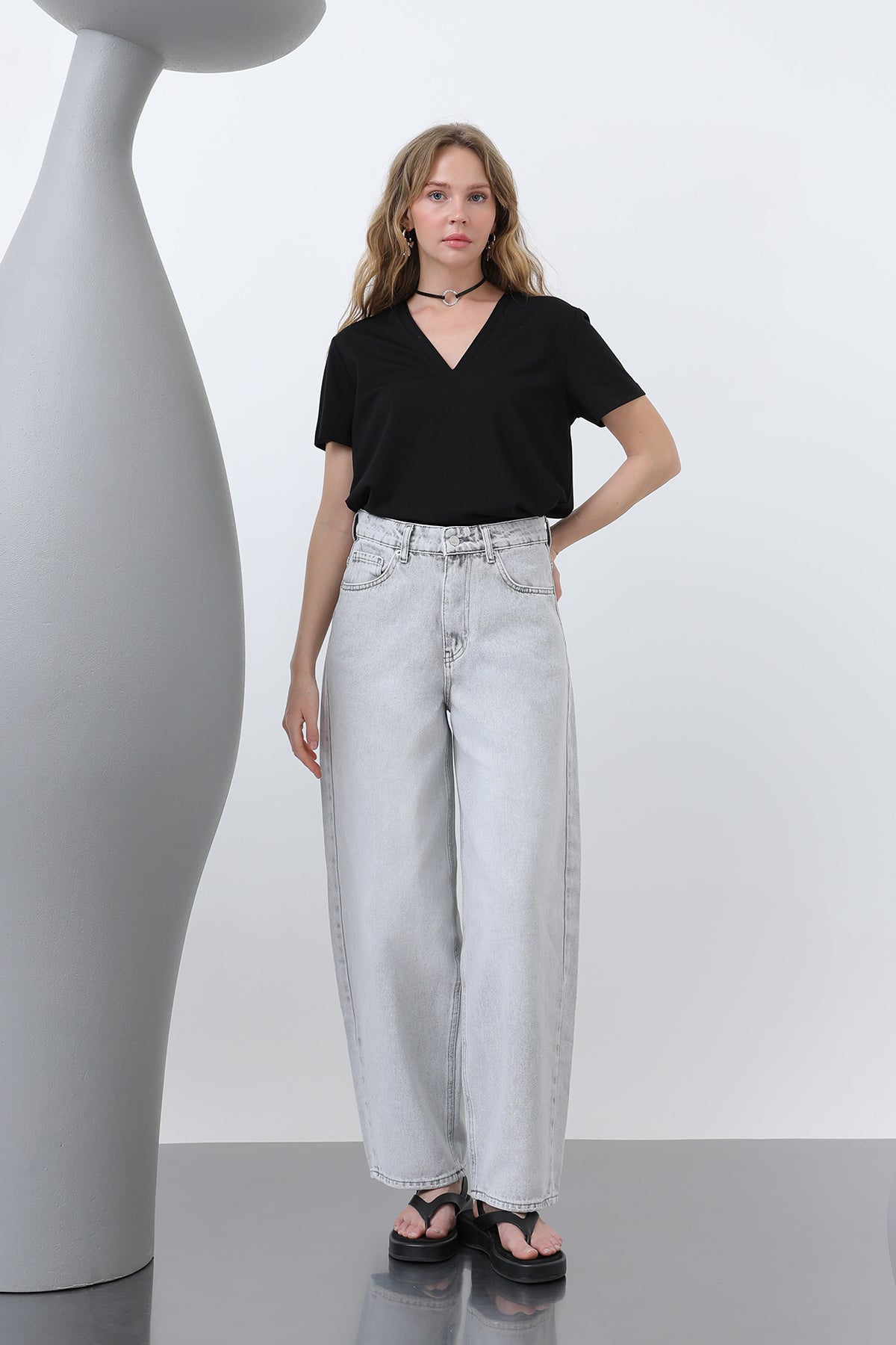 Kadın Bol Denim Pantolon -32192PNT - GREY