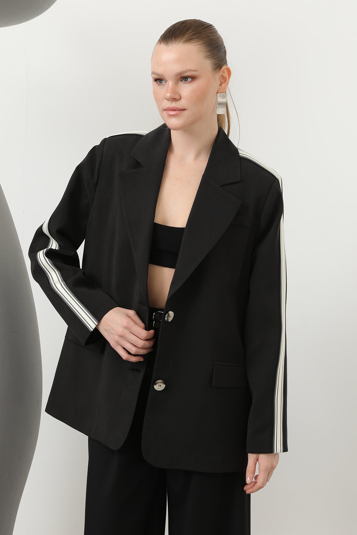Kadın Şerit Detaylı Blazer Ceket - 32199CKT - BLACK