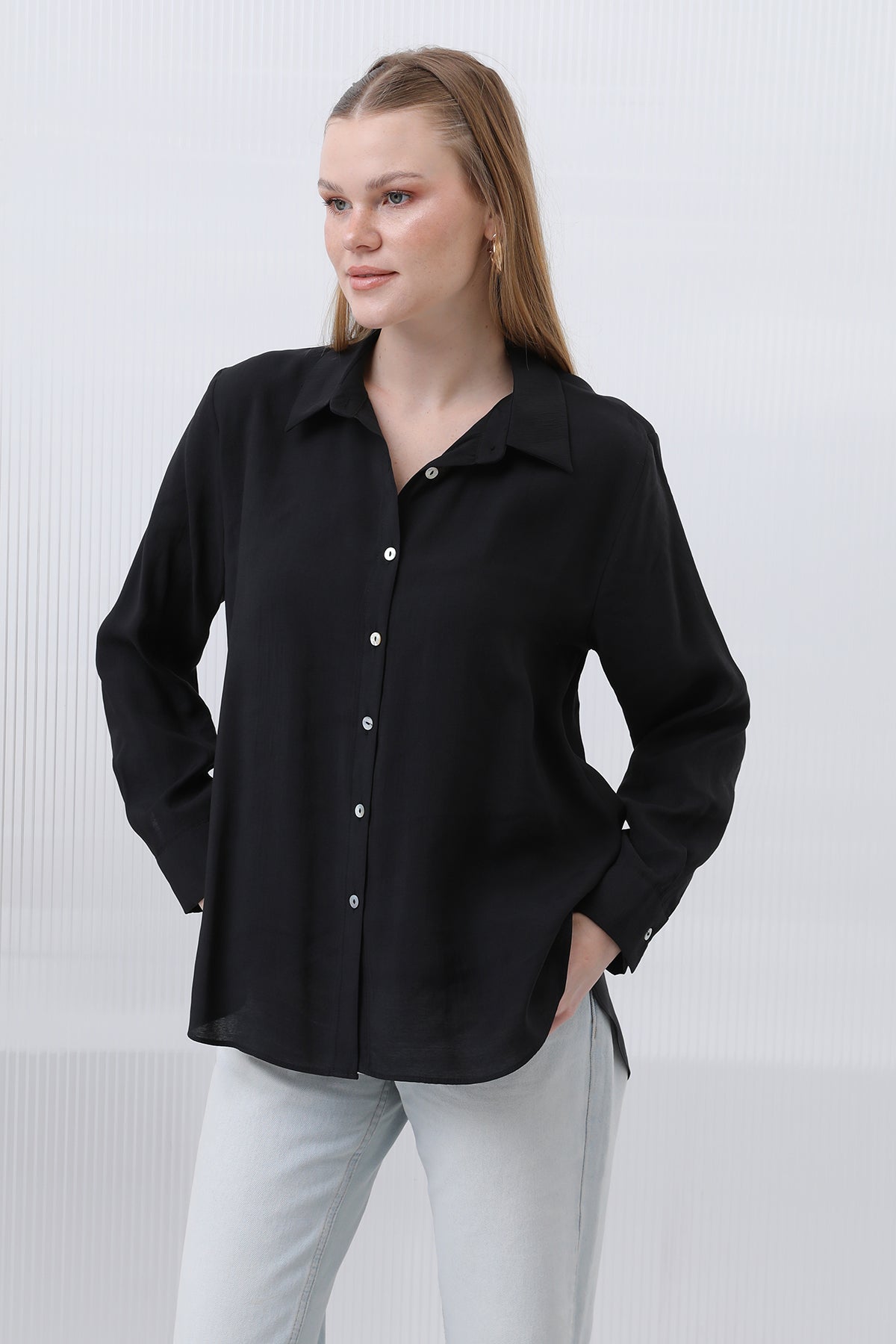 Kadın Basic Gömlek -32207GML - BLACK