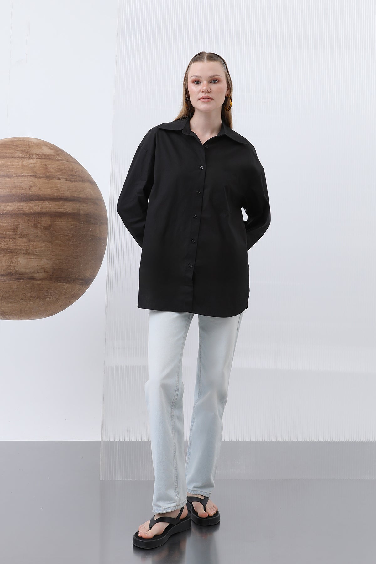Kadın Arkası Fiyonklu Gömlek - 32210GML - BLACK