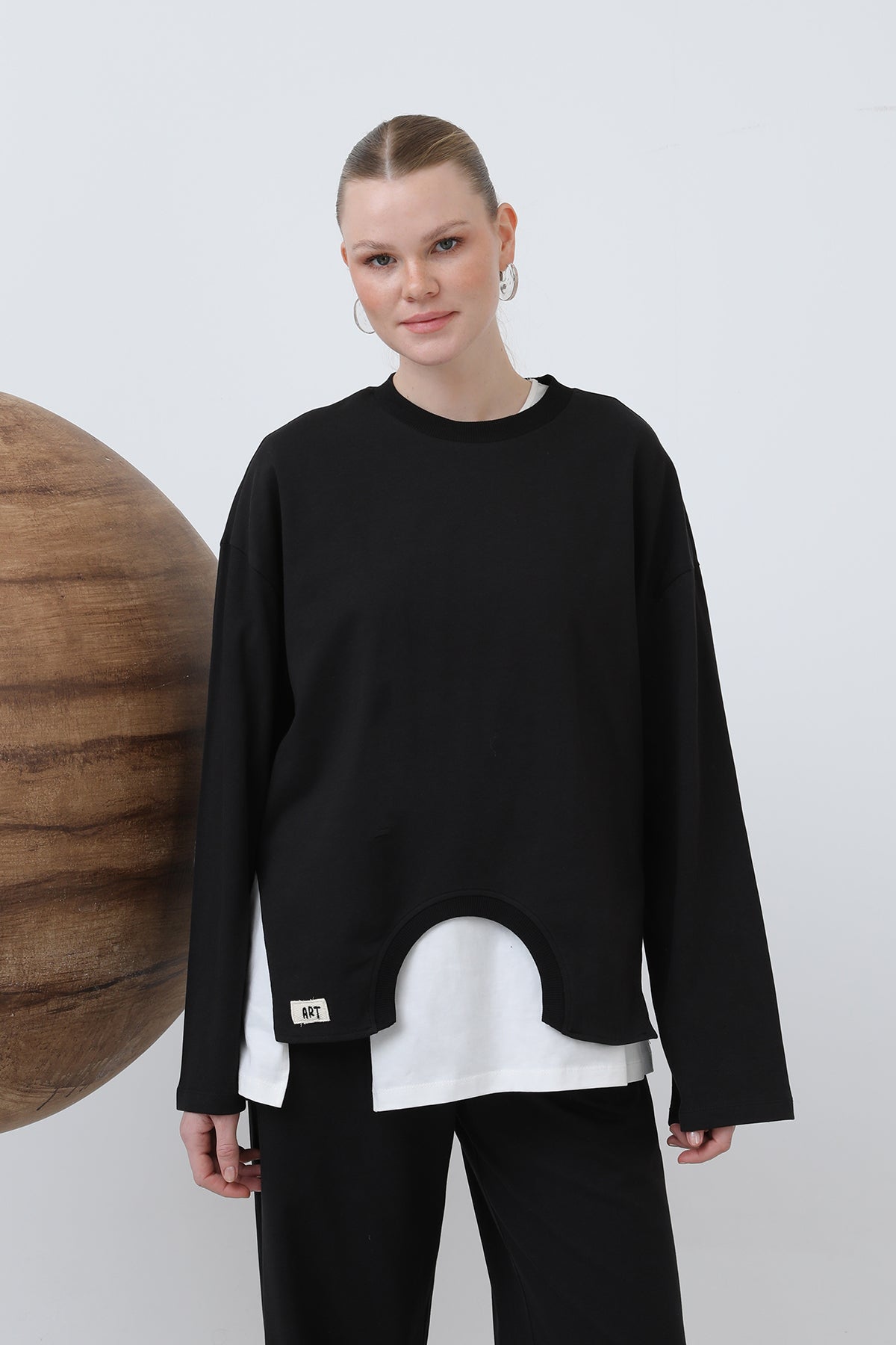 Kadın Basic Asimetrik Garnili Sweatshirt - 32223SWT - BLACK