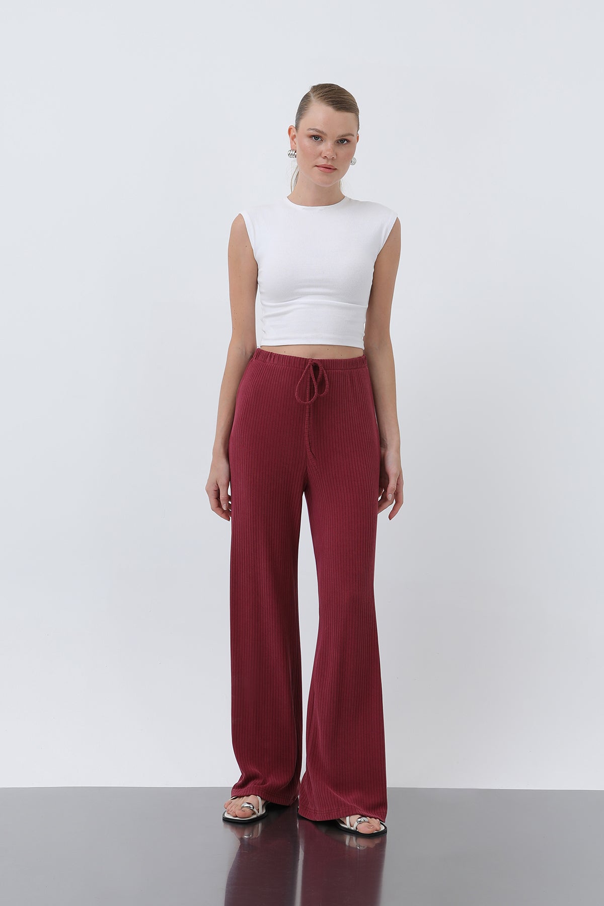 Kadın Fitilli Belden Bağlamalı Pantolon -32224PNT - BURGUNDY