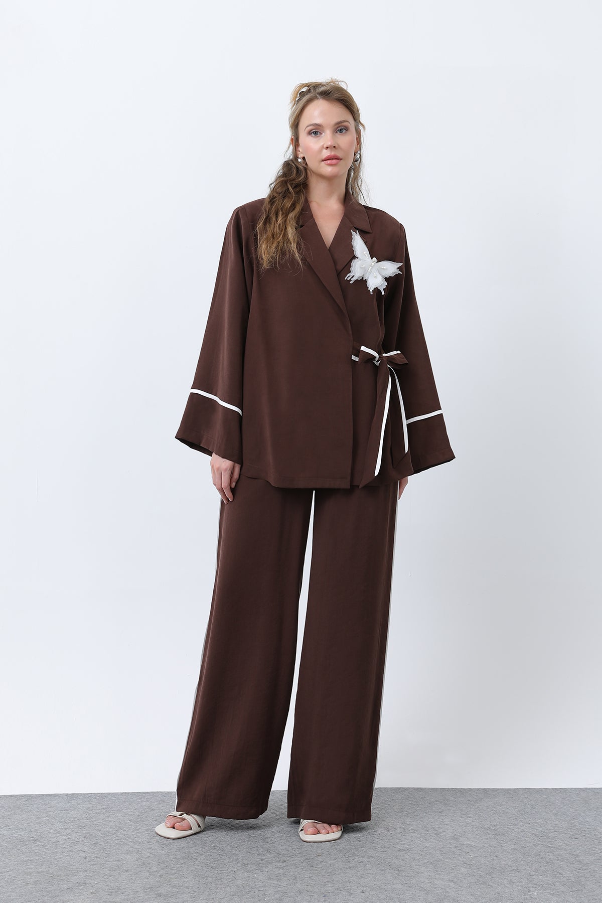 Kadın Kelebekli Kimona Pantolon Takım -32229TKS - BROWN