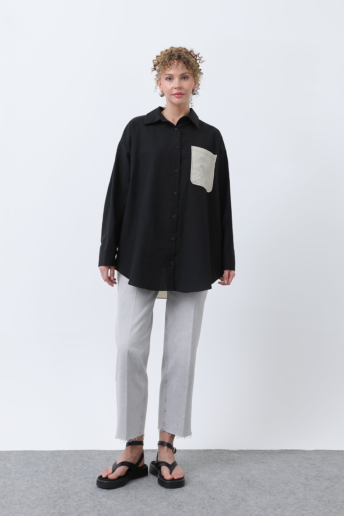 Kadın Arkası Nakışlı Gömlek -32232GML - BLACK-BEIGE
