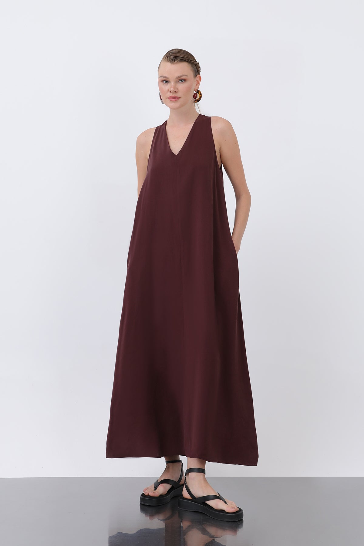 Kadın Yakası Üçgen Askılı Midi Elbise -32241ELB - BURGUNDY